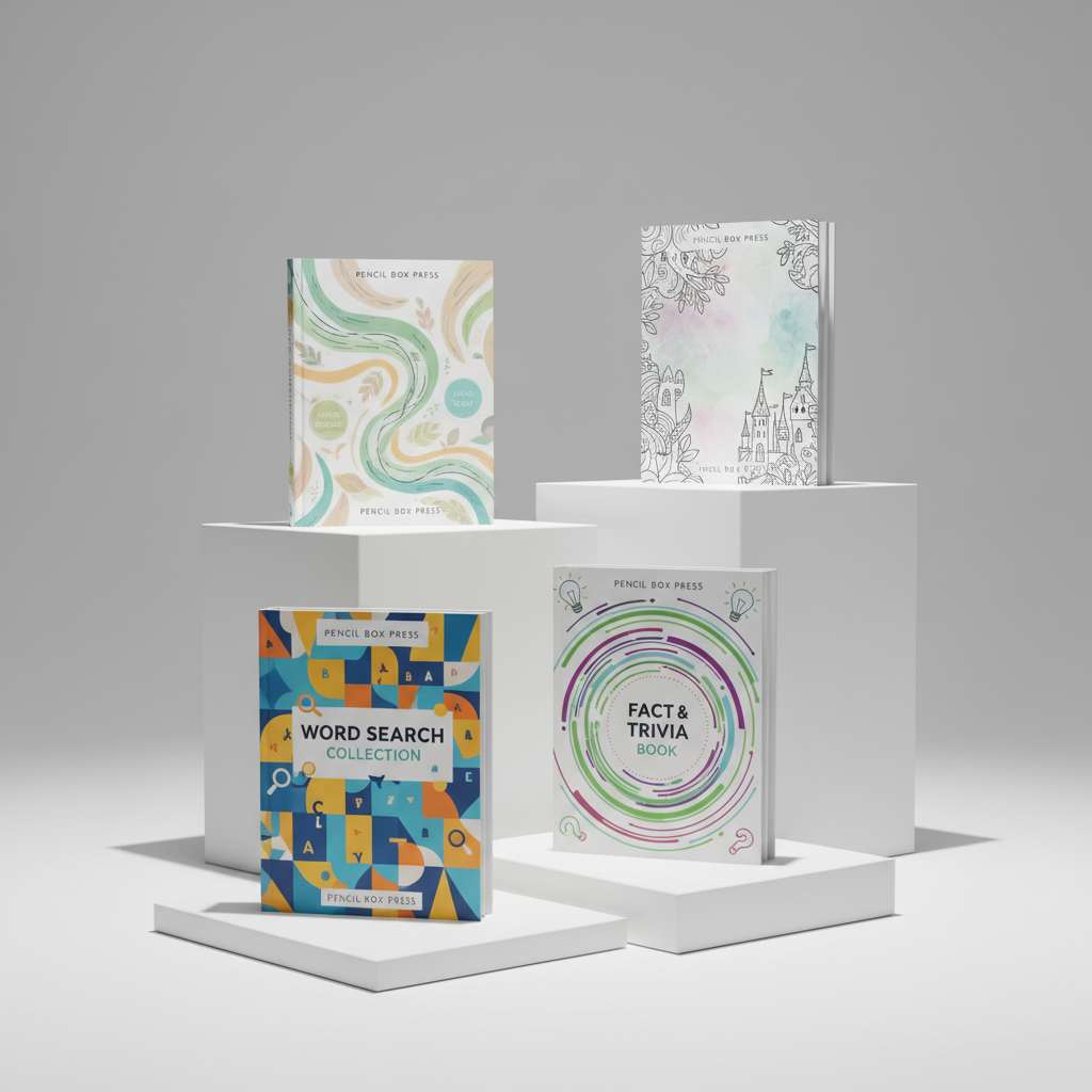 A professionally styled product lineup of Pencil Box Press titles arranged on staggered white plinths against a seamless pale-gray background. In the foreground, a word search collection and a fact-and-trivia book stand side by side, their covers featuring bold, geometric patterns and small iconography suggesting letters, lightbulbs, and question marks. Slightly behind, a guided journal and a story-based coloring book display softer, flowing designs that hint at narrative scenes and mindful prompts. No readable text is visible, only suggestive graphics. Soft, diffused studio lighting from above and slightly to the right creates gentle, precise shadows, emphasizing clean lines and quality finishes. Photographic realism, shot straight-on with sharp focus and generous negative space, conveying a polished, professional brand presence.