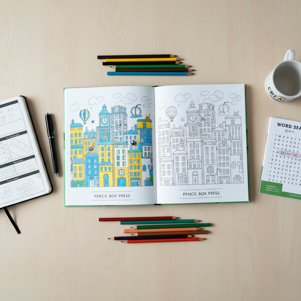 A bright, overhead photographic view of an organized desk prepared for creating and enjoying activity books. In the center lies an open coloring and hidden-item book from Pencil Box Press, showing a highly detailed cityscape illustration with tiny objects subtly integrated, some areas already filled in with vibrant colored pencils scattered nearby. To the side sits a guided journal opened to a structured reflection page with neat, abstract shapes standing in for text, and a compact word search booklet with a visible letter grid. The desk surface is a pale birch wood, illuminated by cool, even daylight from above, minimizing shadows. The mood is focused and energetic, with a clean, modern composition that showcases the variety of engaging content.