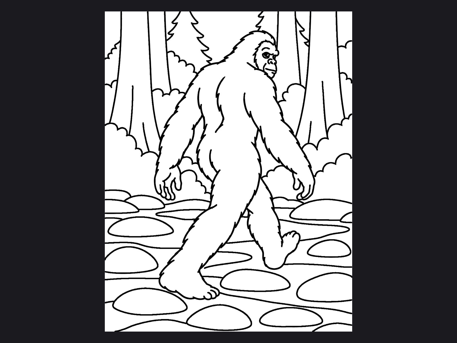 Bigfoot walking along Bluff Creek in 1967, a coloring page from The Unexplained coloring book
